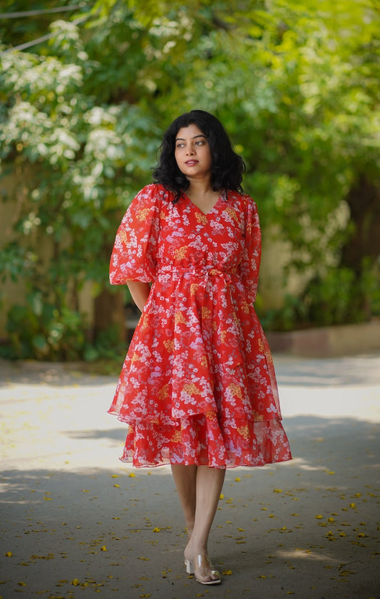 Savina OrangeRed Georgette Dress
