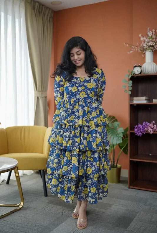 Niva Blue Yellow floral Georgette Dress