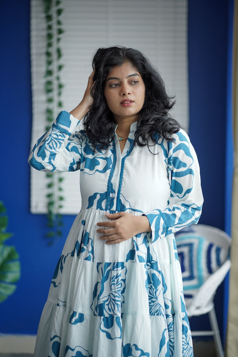 Maroba White Blue Floral Cotton Dress