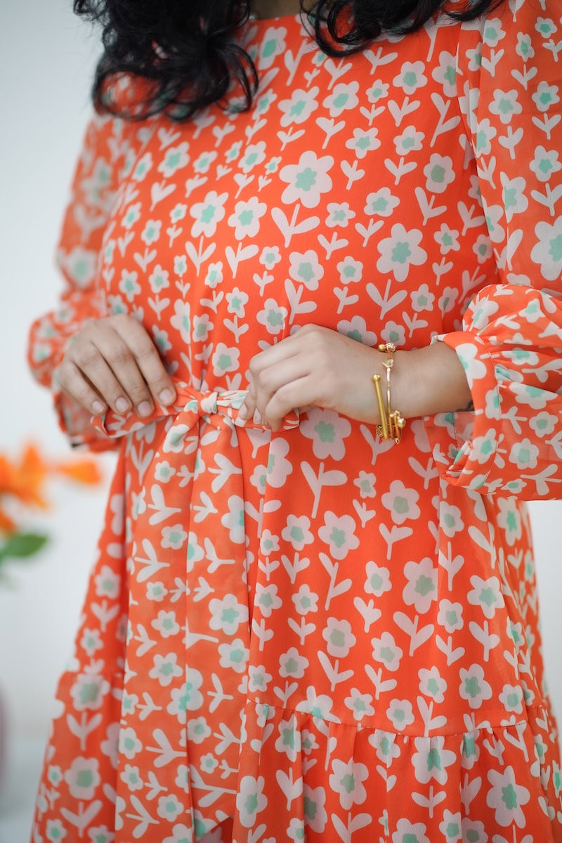 Arina Orange MiniFloral Georgette dress