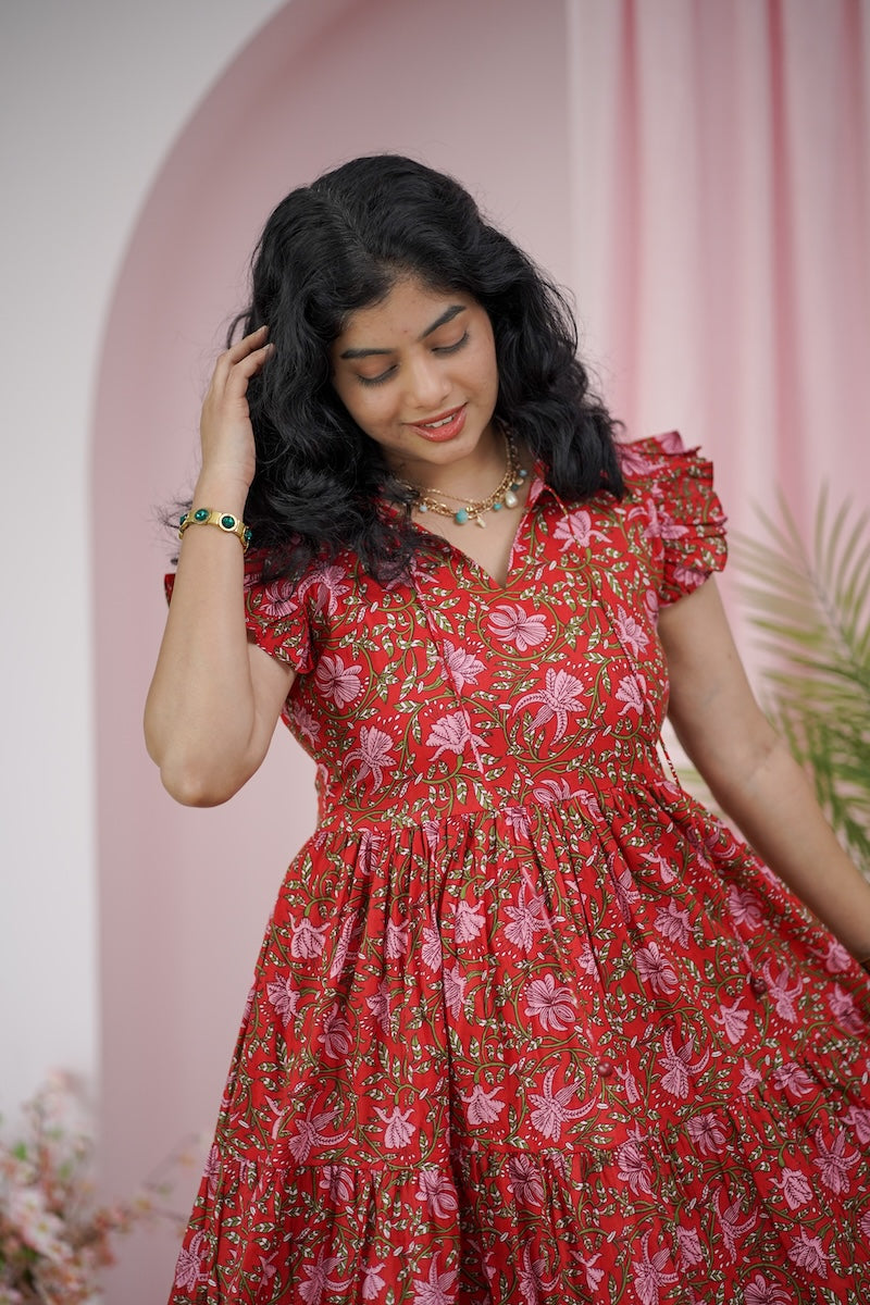 maroba red floral cotton tier dress