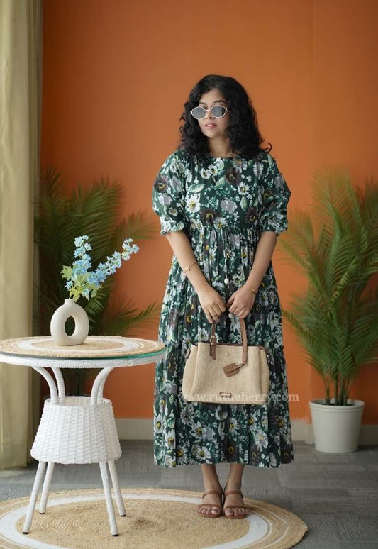 Augusta DarkGreen Floral Cotton Tier Dress