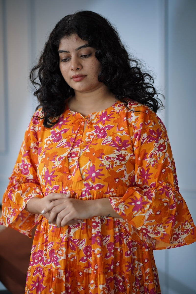 Elira Orange Floral Cotton Dress