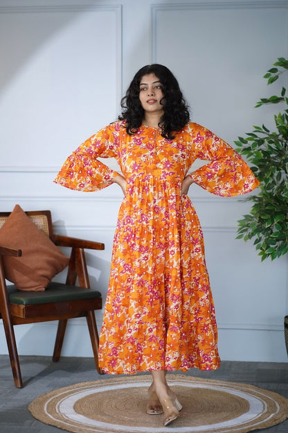 Elira Orange Floral Cotton Dress