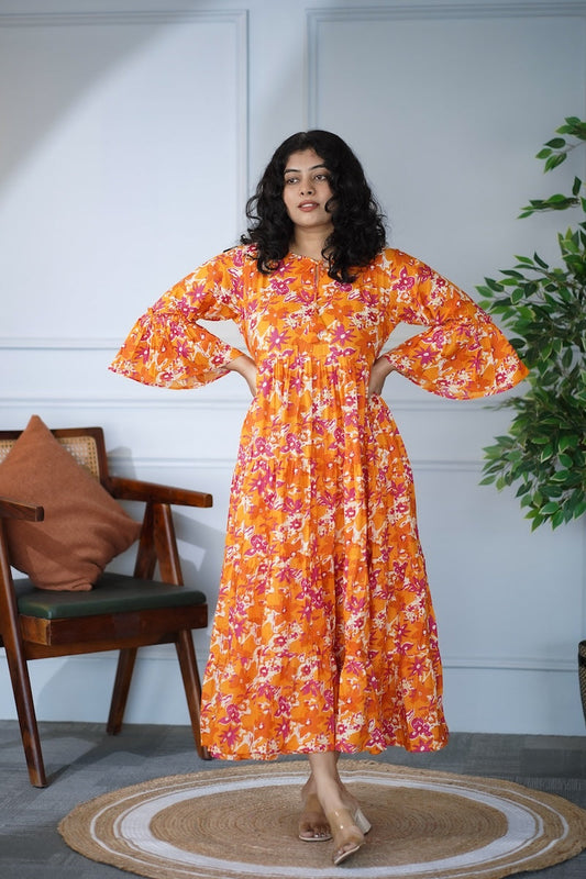 Elira Orange Floral Cotton Dress