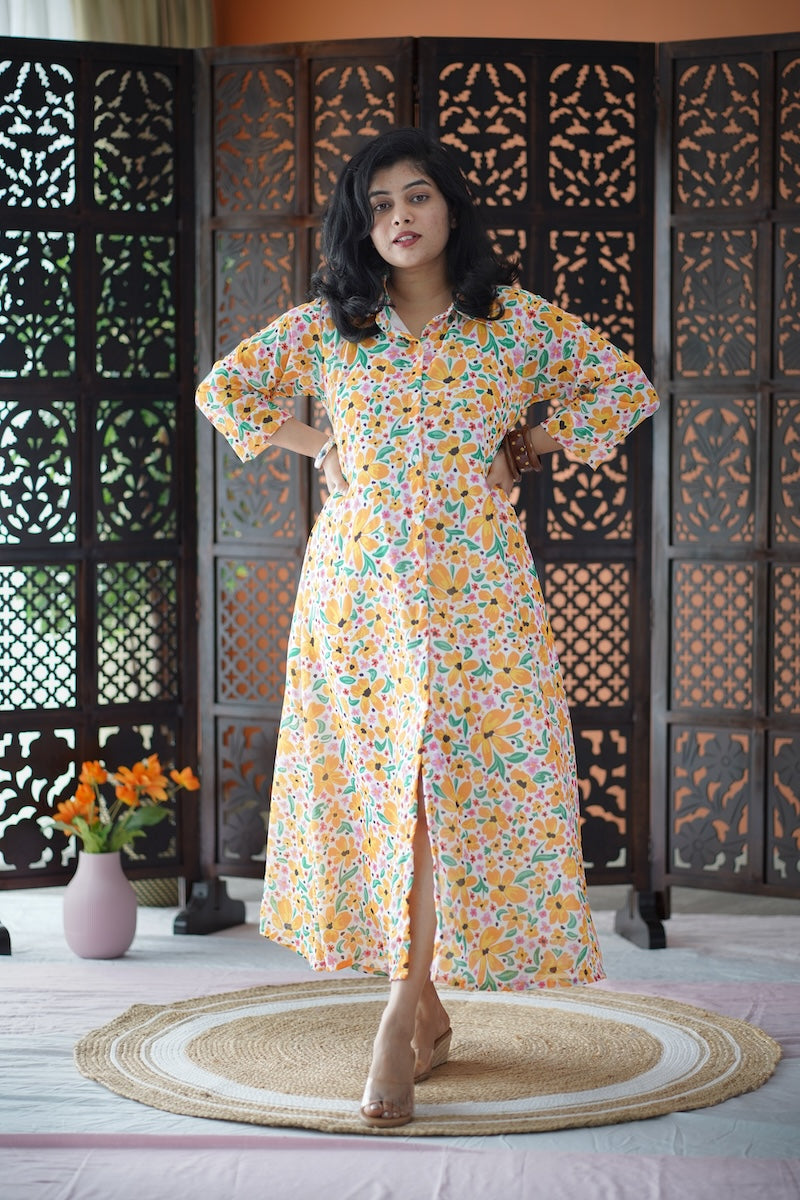 Arina WhiteYellow Floral Georgette dress