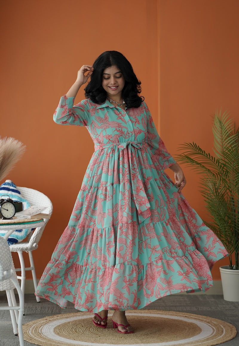 sol mint green collared tier dress