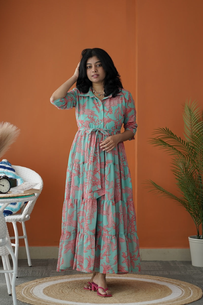 sol mint green collared tier dress