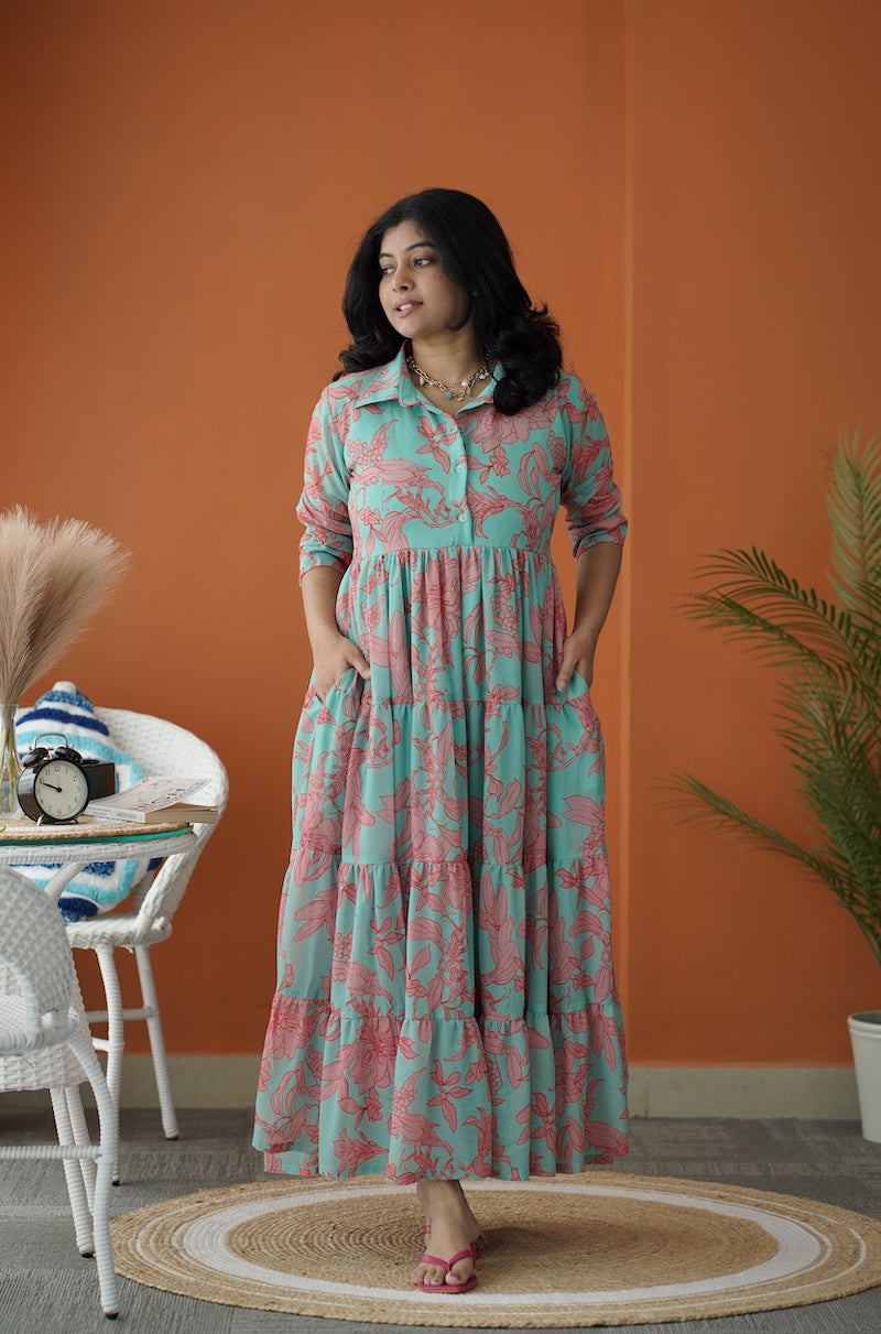 sol mint green collared tier dress