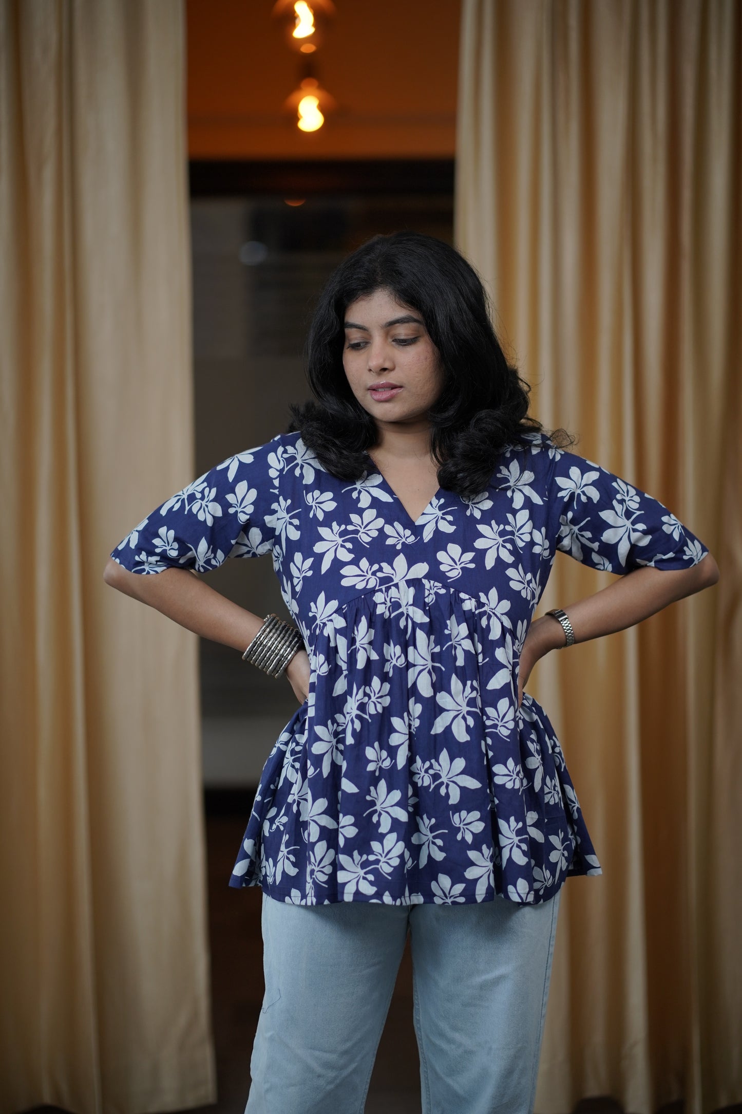 dark blue floral alia cut short kurti