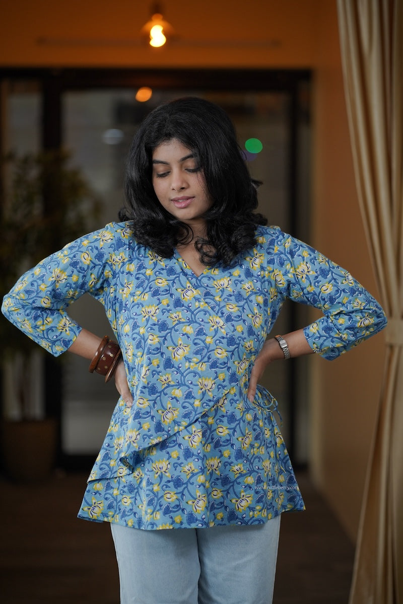 blue floral wrap style short kurti