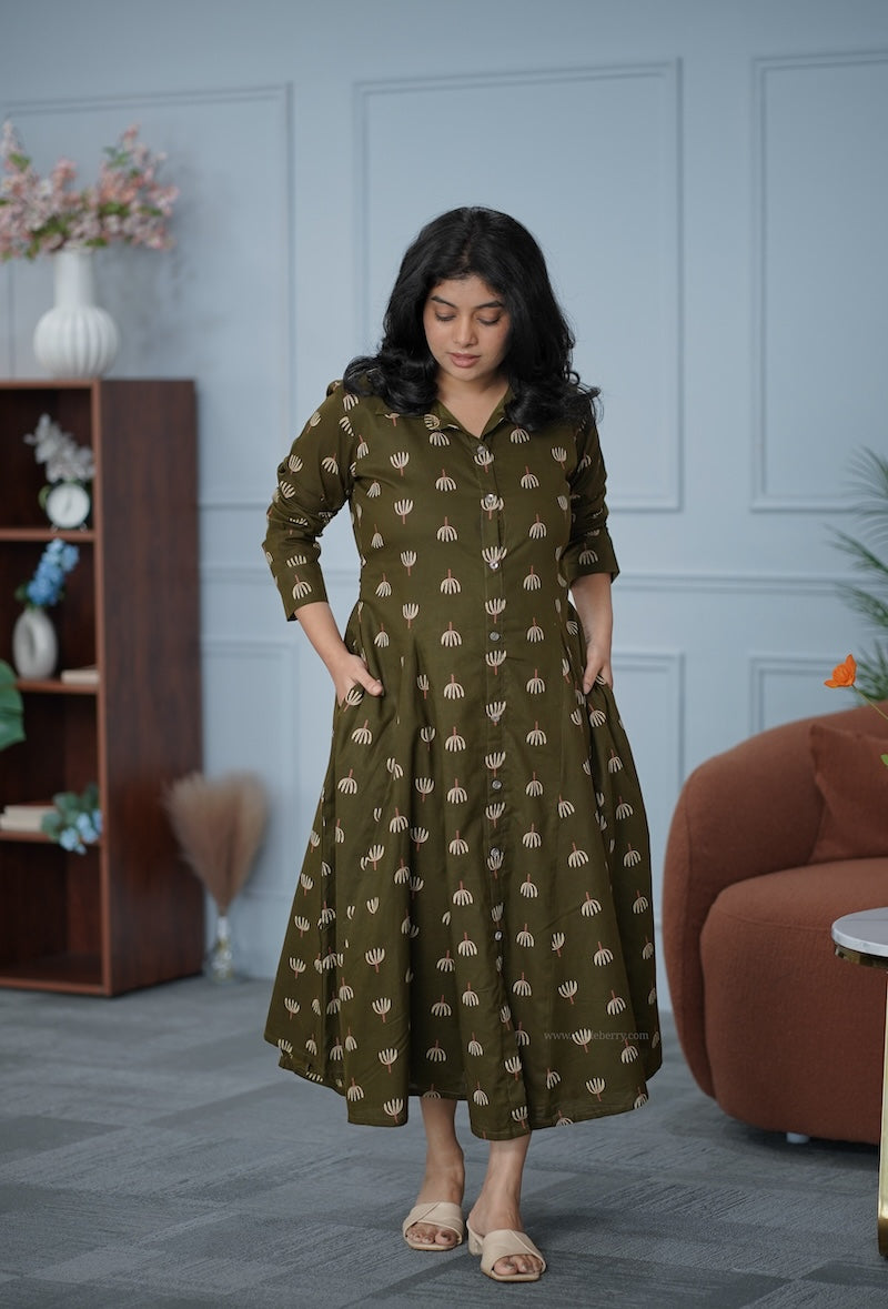 garden mehendi green cotton shirt dress