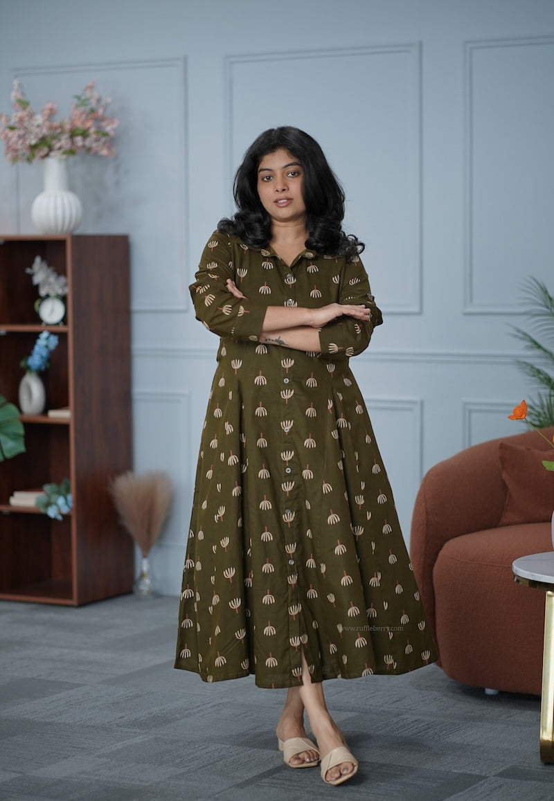 garden mehendi green cotton shirt dress