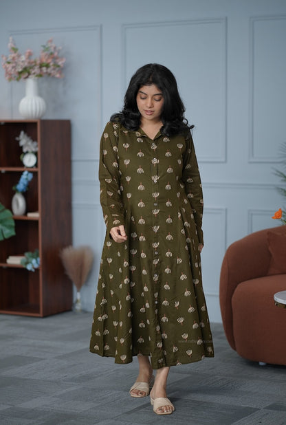 Garden Mehendi Green Cotton Shirt Dress