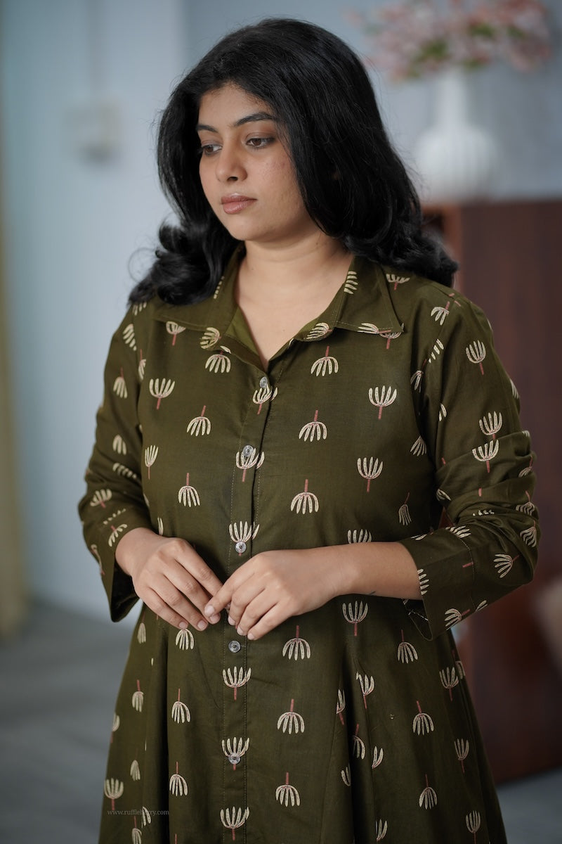 garden mehendi green cotton shirt dress