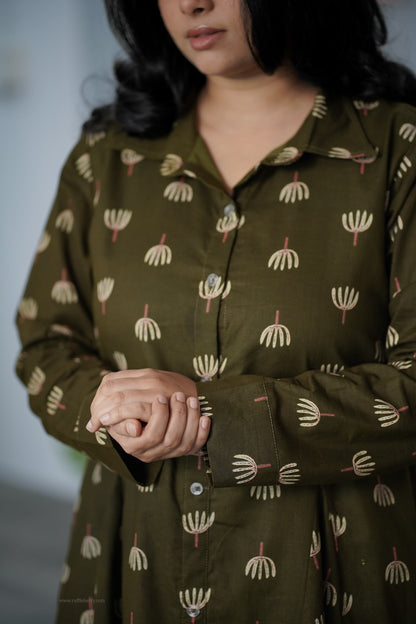 Garden Mehendi Green Cotton Shirt Dress