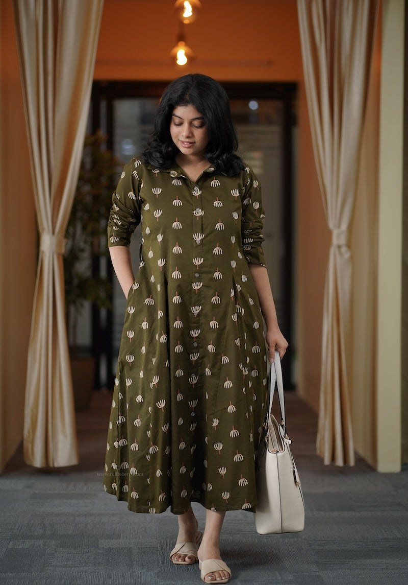 garden mehendi green cotton shirt dress