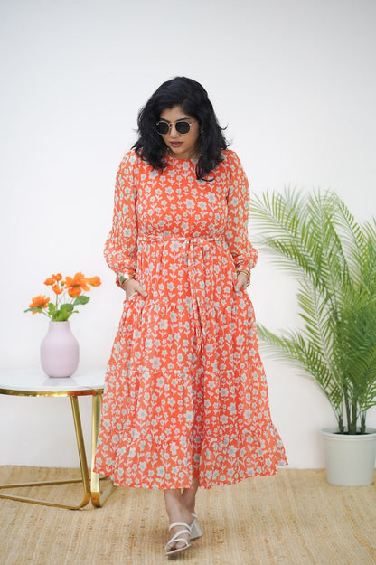 Arina Orange MiniFloral Georgette dress