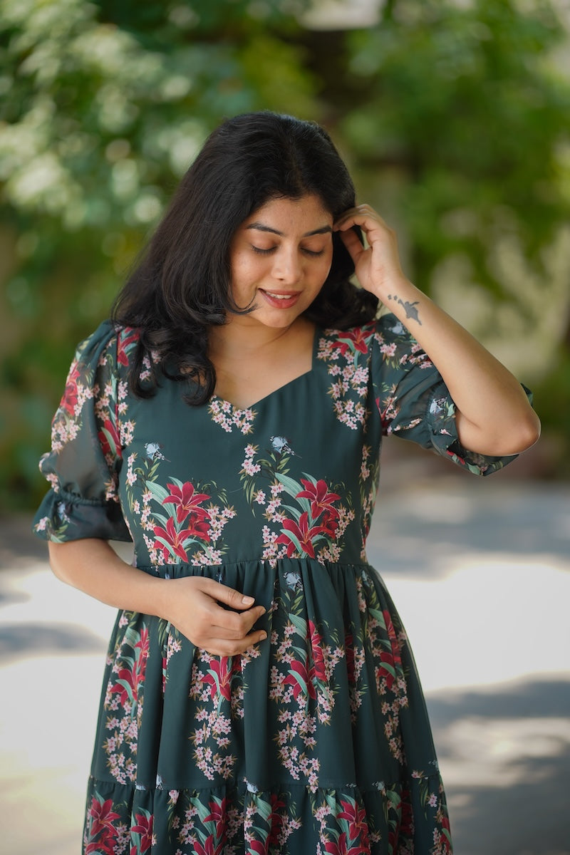 Bloom Forest Green Georgette Dress