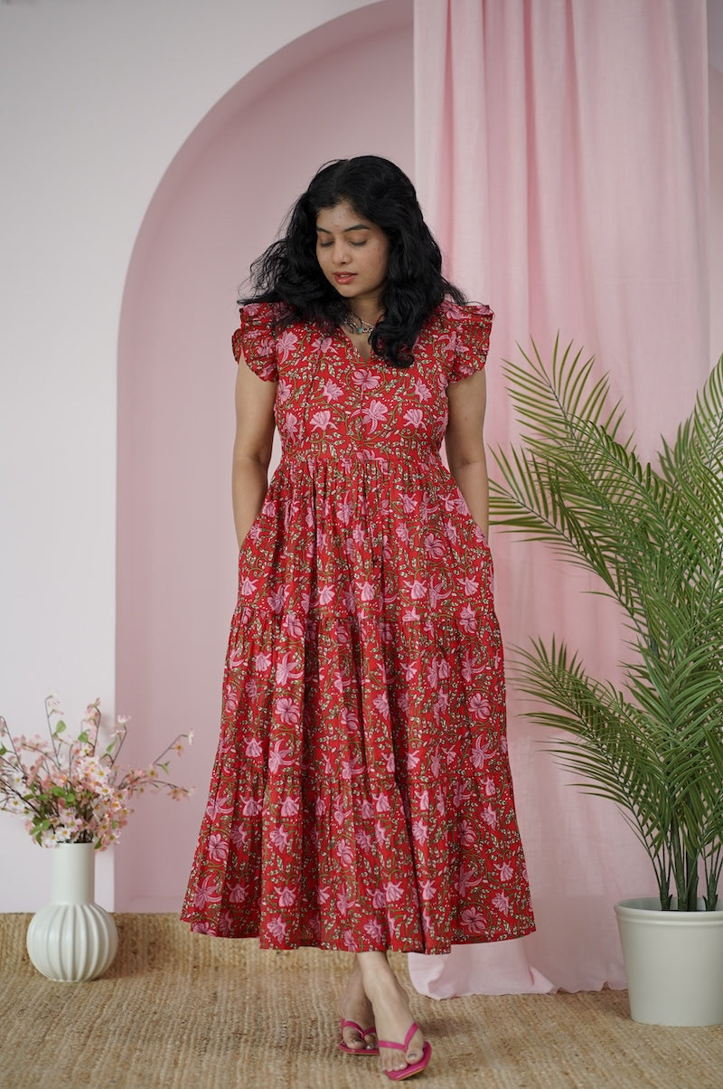 Maroba Red Floral Cotton Tier Dress
