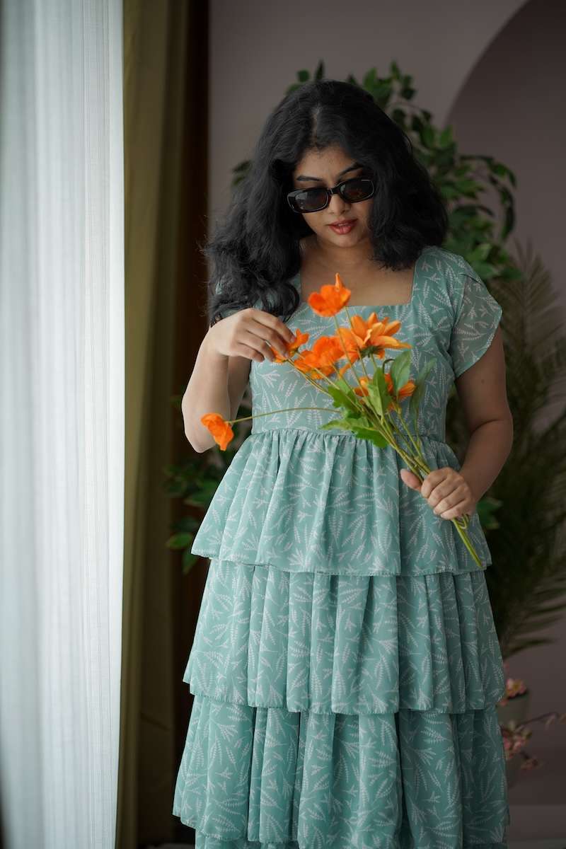 maira seagreen georgette layered dress