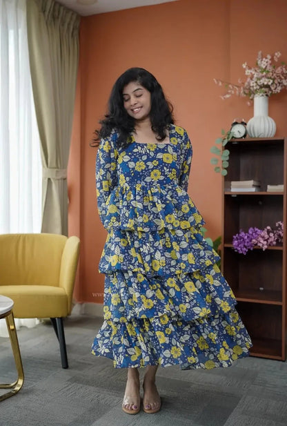Niva Blue Yellow floral Georgette Dress