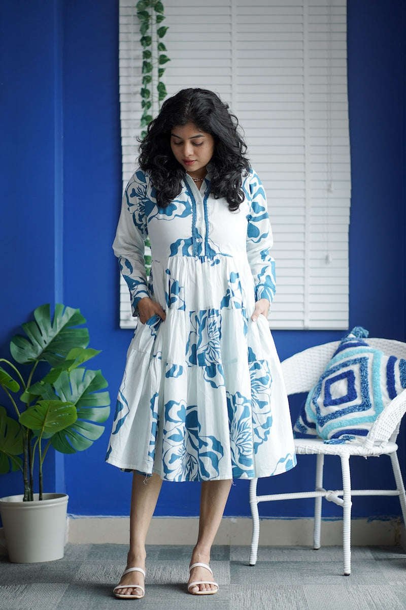 Maroba White Blue Floral Cotton Dress