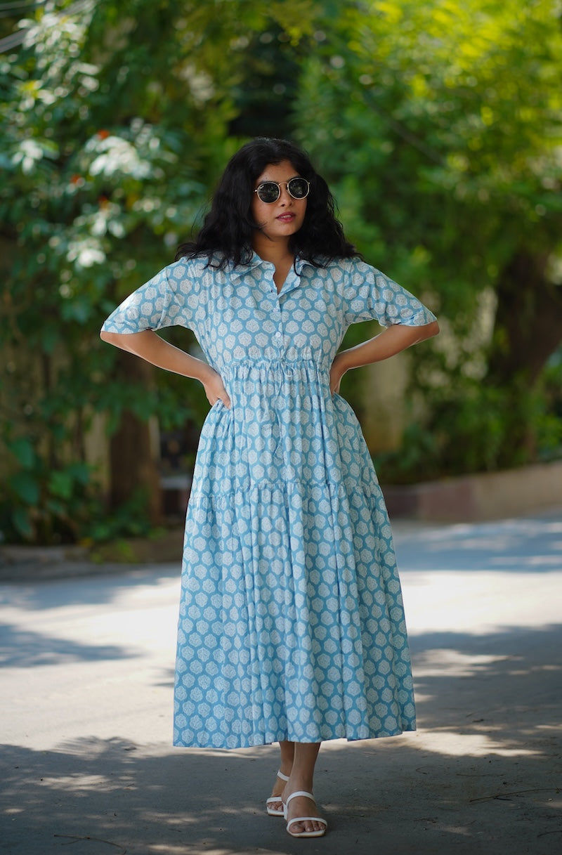 Laya LightBlue Cotton Tier Dress