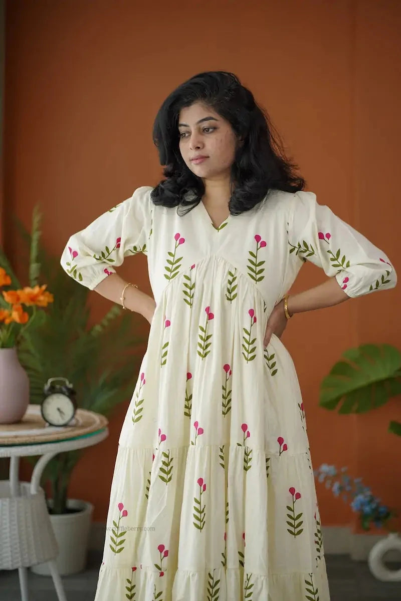 BarB White Pink Floral Cotton Dress