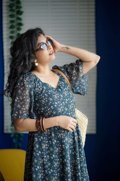 Maira Minifloral Green Georgette Dress