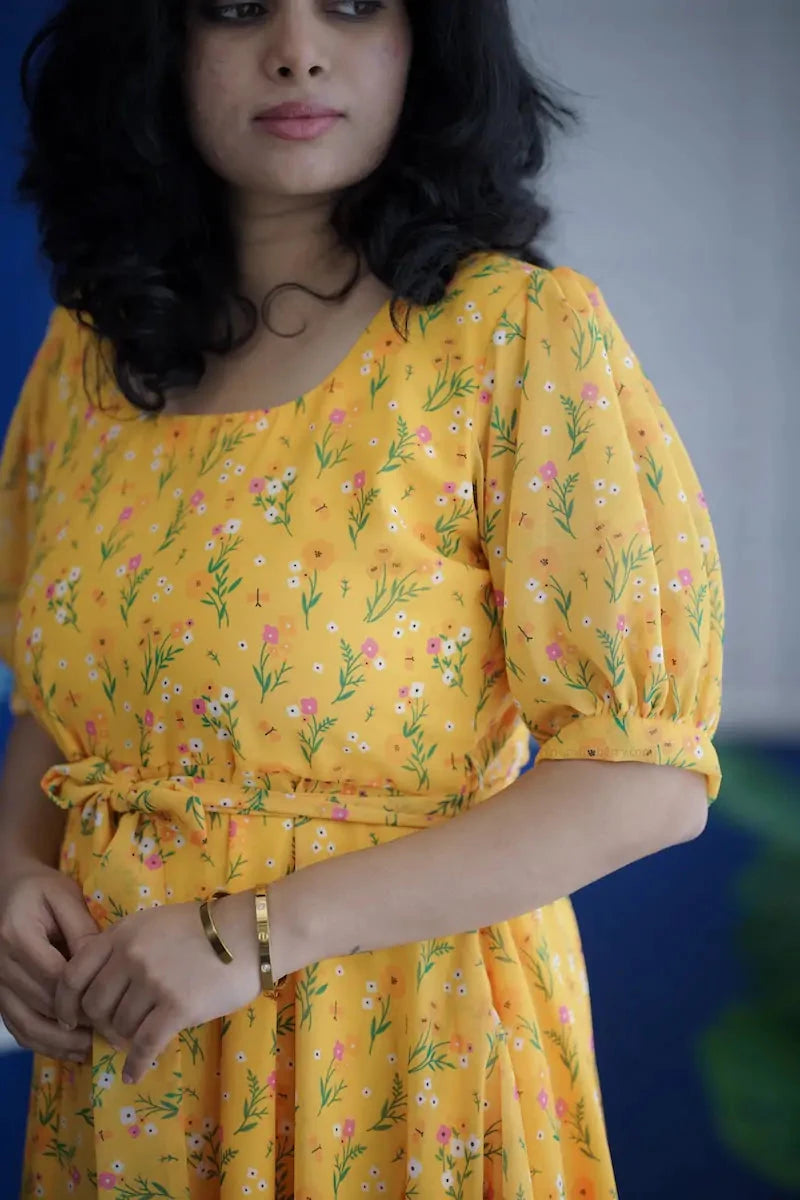 Rose Yellow Floral Georgette Dress