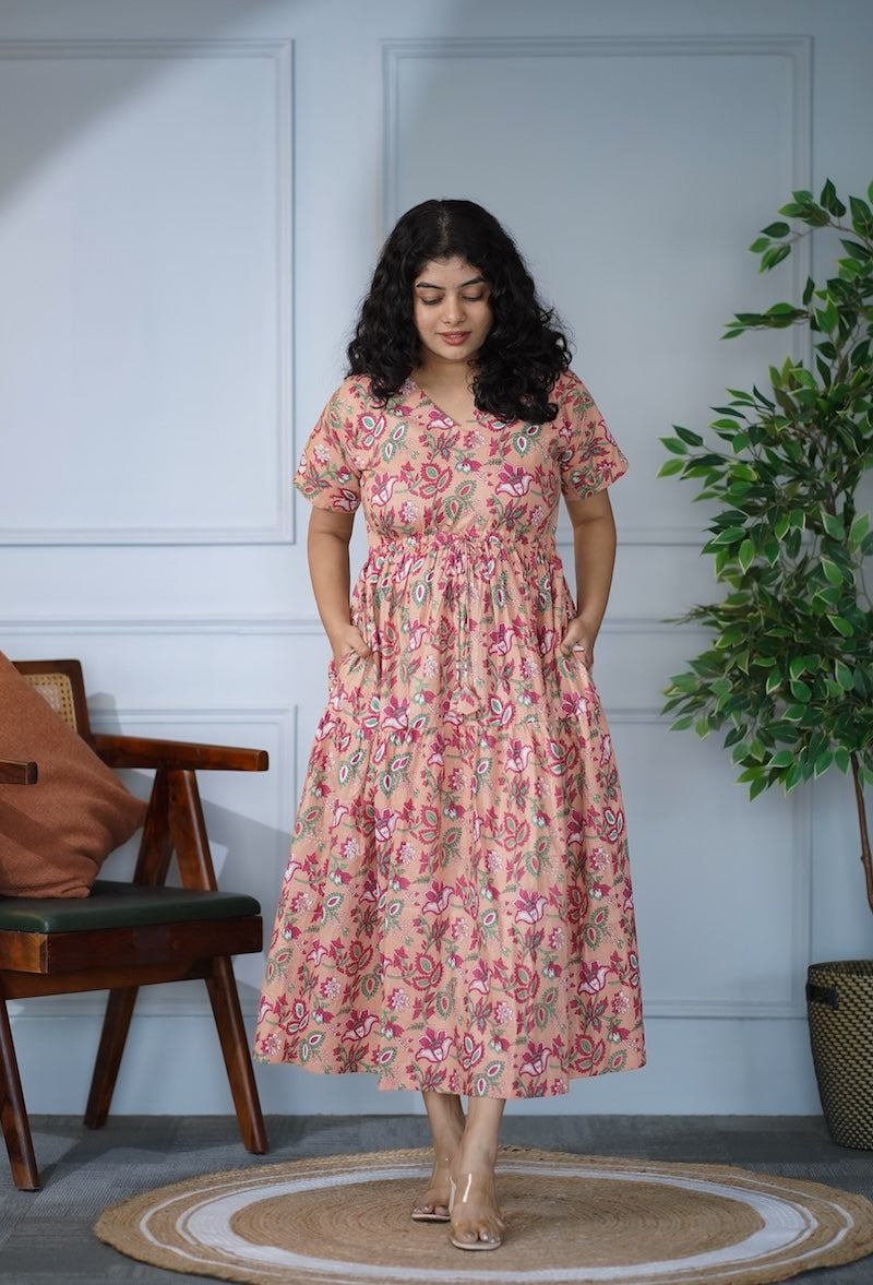 elira peach floral cotton dress