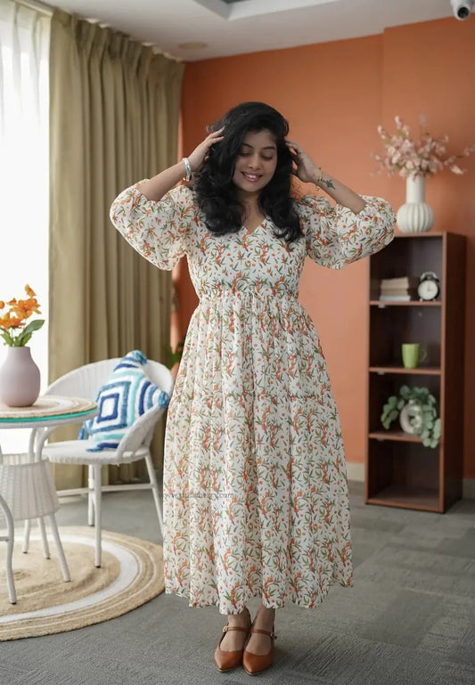 Niva White Orange Georgette Dress