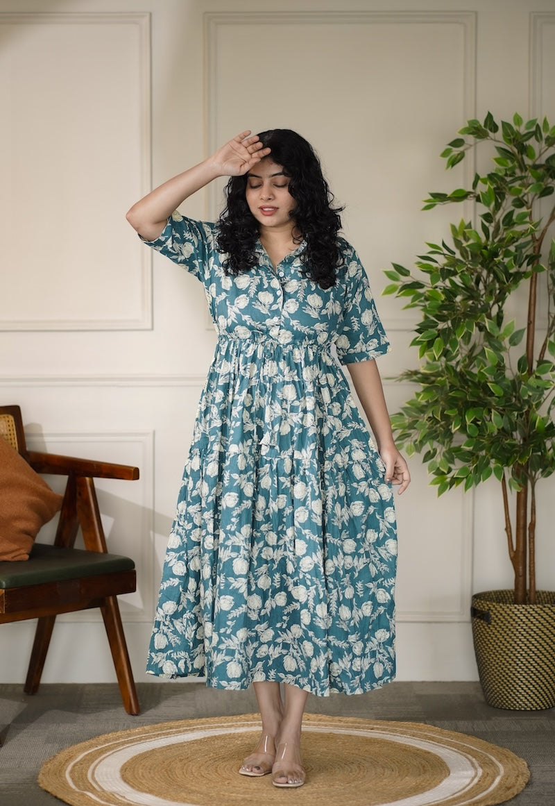 Elira Cement Blue Cotton Dress