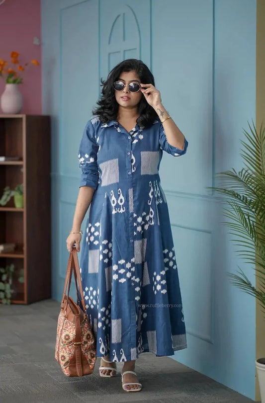 BarB Indigo Blue Abstract Shirt Dress