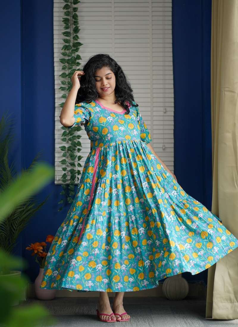 Augusta Turqoise Blue Cotton Tier Dress