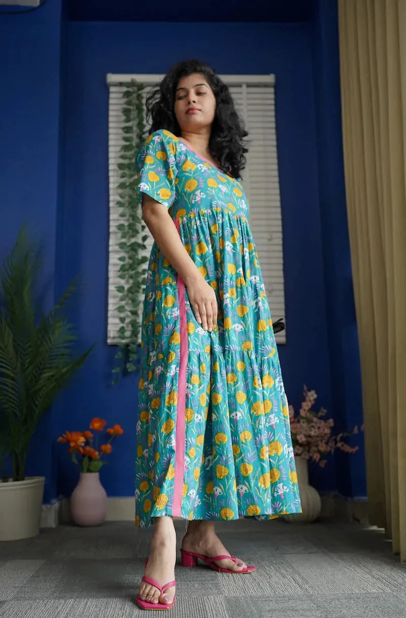 Augusta Turqoise Blue Cotton Tier Dress