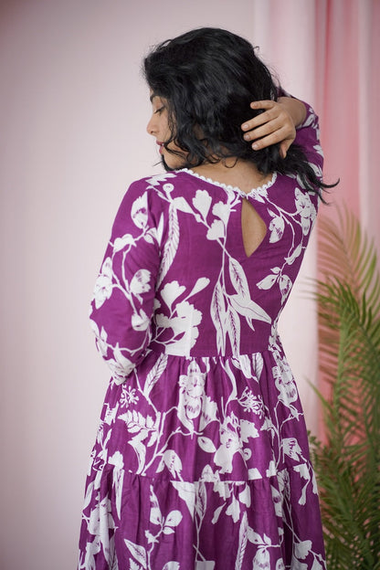 Maroba Purple WhiteFloral Cotton Tier Dress