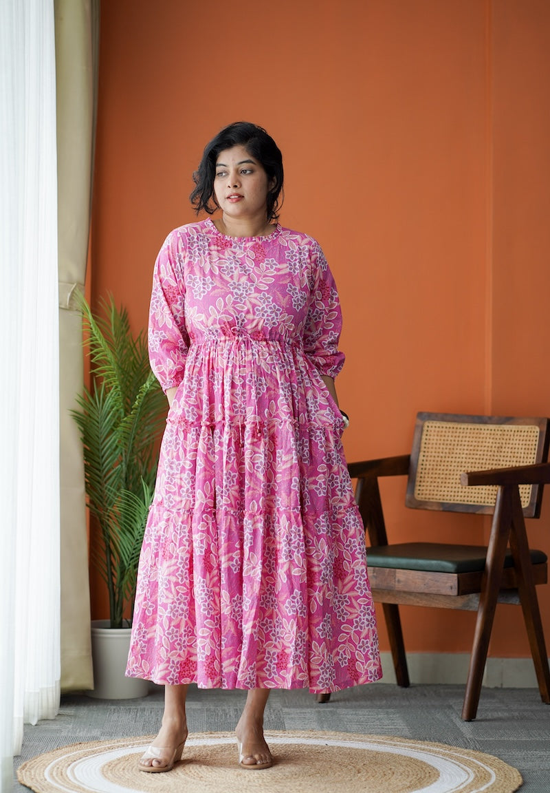 Maroba Pink Floral Cotton Tier Dress