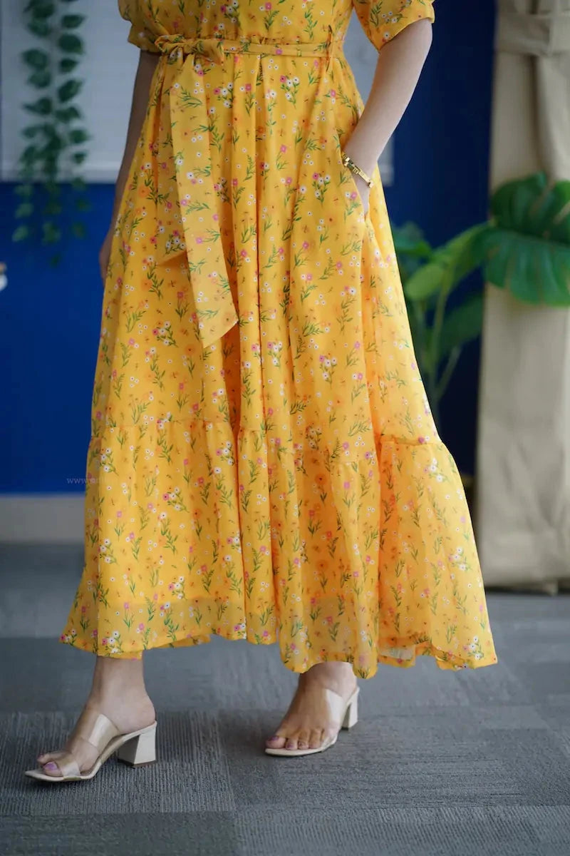Rose Yellow Floral Georgette Dress
