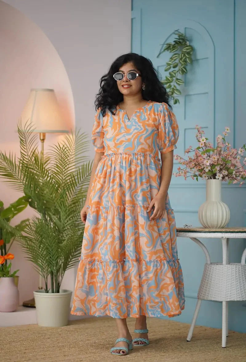 Maira Orange Abstract Georgette Dress