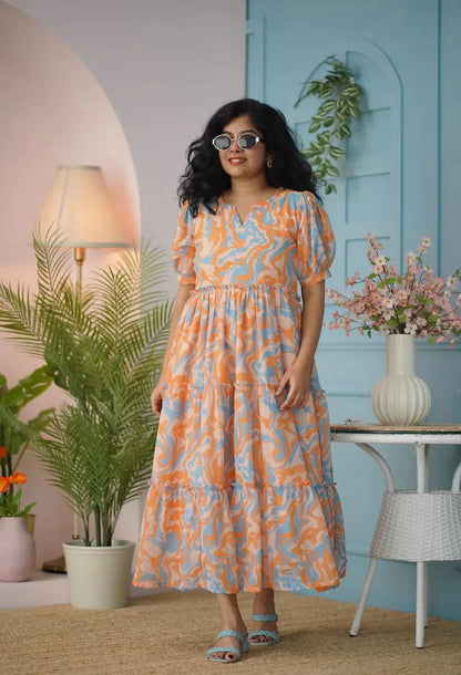 Maira Orange Abstract Georgette Dress