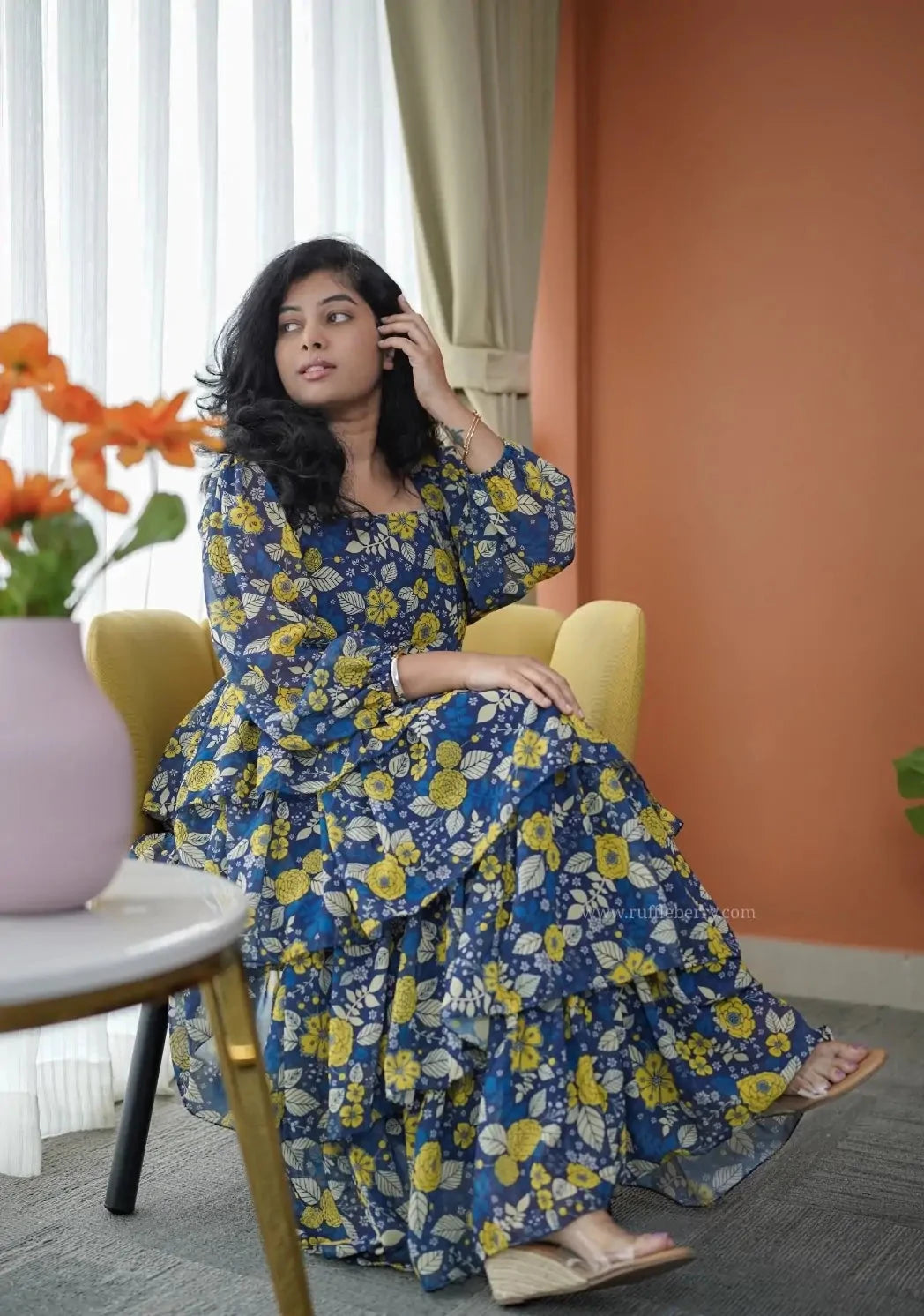 Niva Blue Yellow floral Georgette Dress
