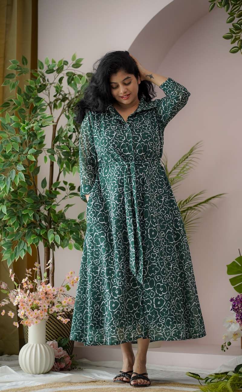 Maira Dark Green Georgette Shirt Dress