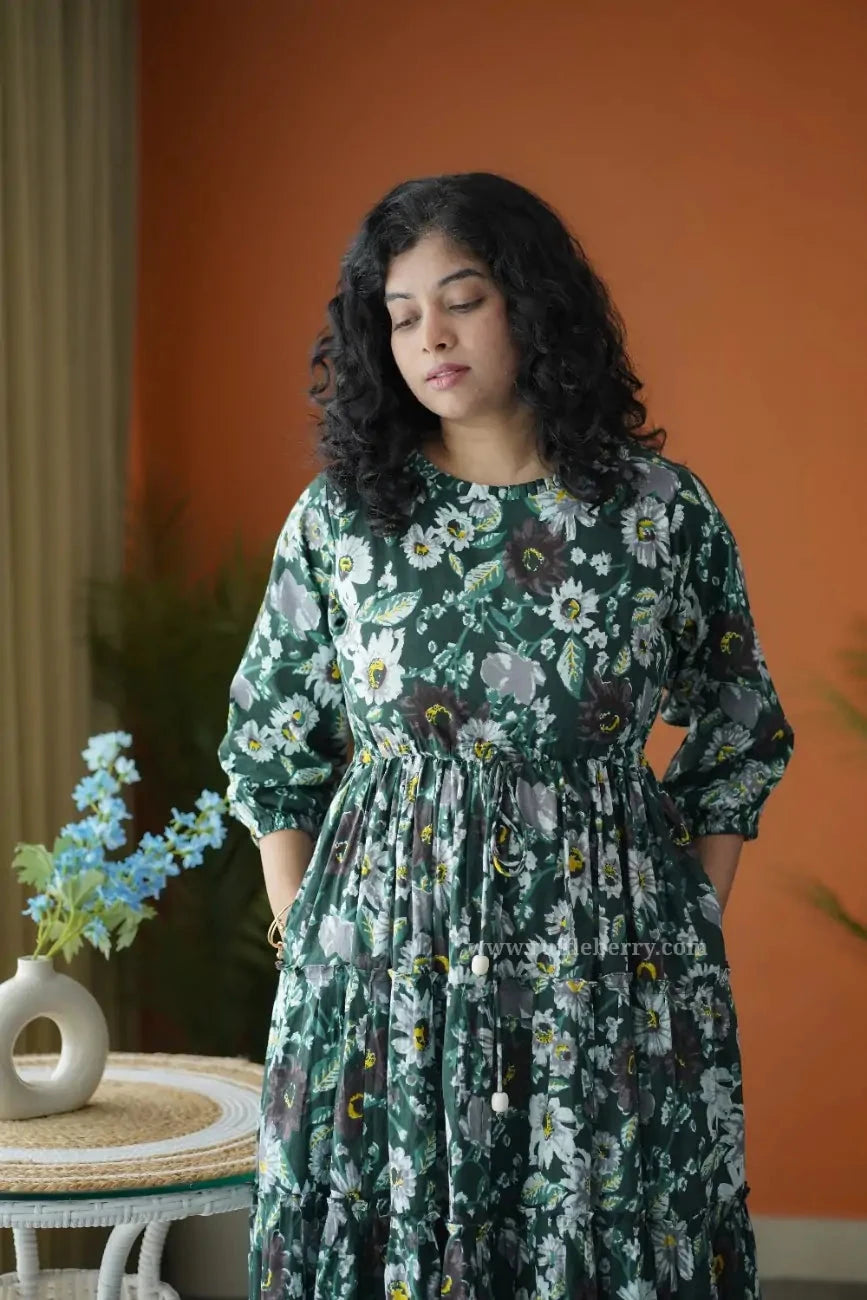 Augusta DarkGreen Floral Cotton Tier Dress