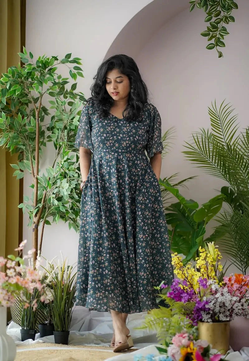 maira minifloral green georgette dress