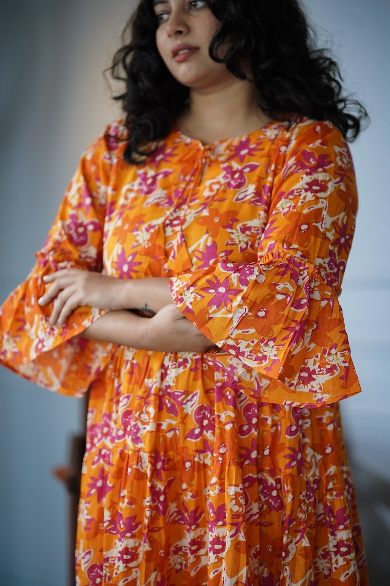 Elira Orange Floral Cotton Dress