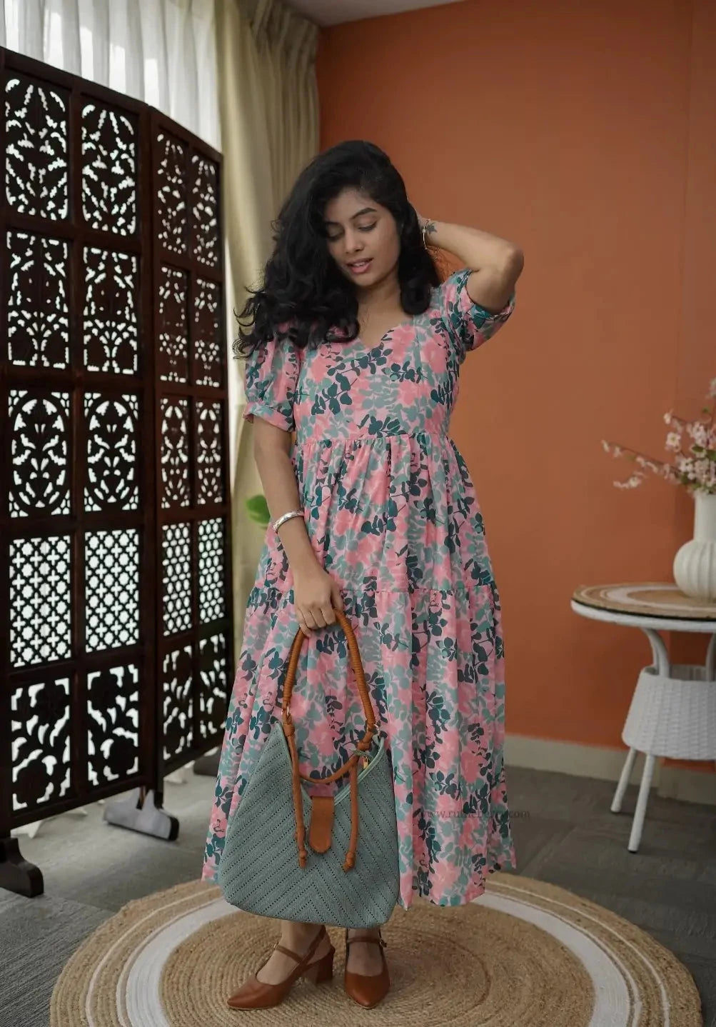 niva coral peach georgette dress