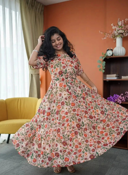 Niva Peach Floral Georgette Dress
