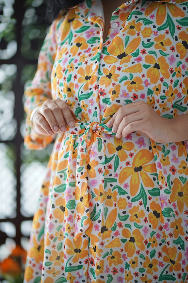 Arina WhiteYellow Floral Georgette dress